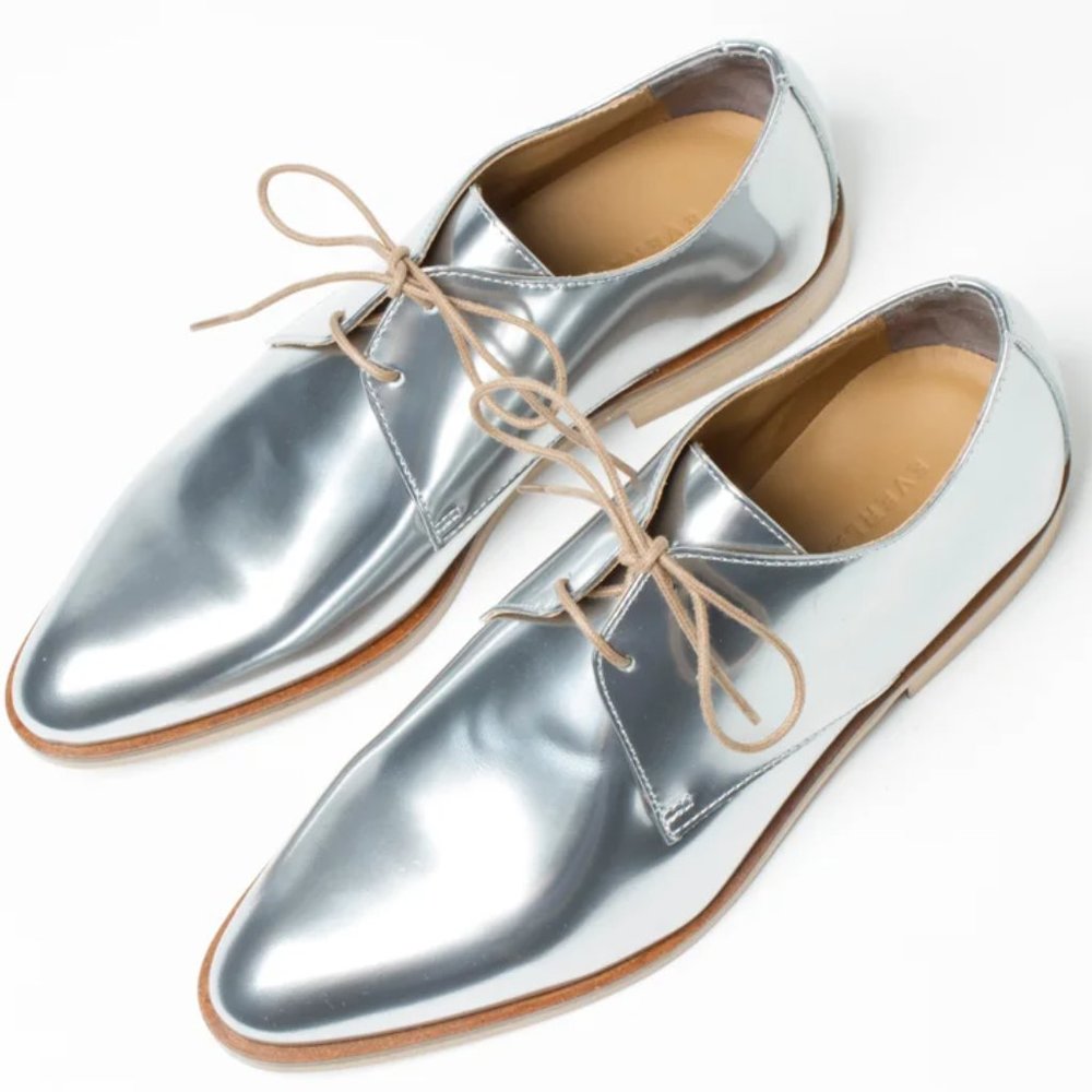 EVERLANE Italy Leather E2 Shine Modern Oxford Silver Lace up Women's Shoes Size - Picture 3 of 16